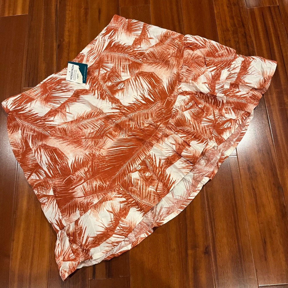 ROXY Mini Skirt Ruffle Cover Up‎ Palm Leaf Tropical Print Ruffle Pull On New XL